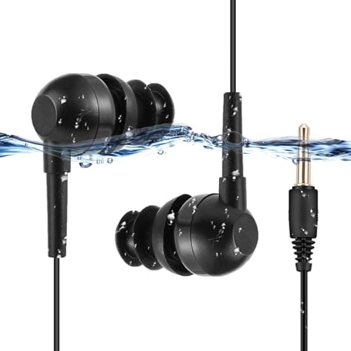 AGPTEK SE11 IPX8 Waterproof In Ear Wired Earphones, Coiled Swimming Earbuds with Stereo Audio Extension Cable, Black