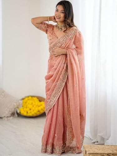 Maa enterprise Designer Traditional Embroidered Saree with Matching Blouse Piece, Festive Ethnic Draping Outfit for Women (Peach) 4