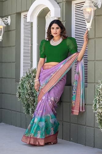 Amazon Brand - Anarva Round Neck Lycra Stretchable Puffed Elbow Sleeve Readymade Saree Blouse for Women Stylish(formi-bottle-green-blouse-2xl) 5