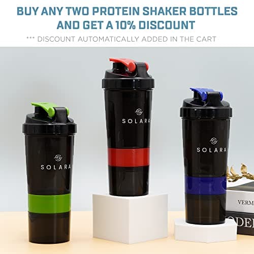 SOLARA 650 ML Protein Shaker Bottle, Gym Bottle, Two layer Extra storage for Protein Powder & Nuts | Mobile app with 50+ Home fitness videos eBooks | Black & Red (Tritan, Pack of 1) 4