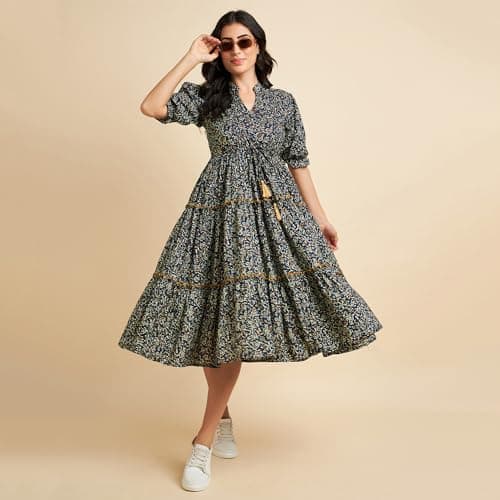 Azira 100% Cotton Printed Fit & Flared Mandarin Collar Midi Dress | Casual Dress | Dress for Woman | Summer Dress Blue 2