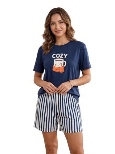 HELLCAT Women Co-ords Loungewear & Sleepwear Set | Relaxed Fit Round Neck Graphic Print Top with Striped Shorts | Breathable Cotton Blend Nightwear, Night Dress, Lounge Wear, Summer Homewear