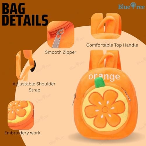 blue tree School Bag for Cute kids for (1-5 Years), Preschool Soft Plush Orange Bag for toddlers, Travel Animal Cartoon Backpack for Boys and Girls 3