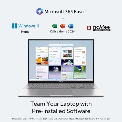 ASUS Vivobook S16, Intel Core Ultra 5 225H, 16GB RAM, 512GB SSD, FHD+ 16", Windows 11, Office Home 2024, Cool Silver, 1.7Kg, S3607CA-RP065WS, Intel iGPU, M365 Basic (1Year)* Metallic Design Laptop 3