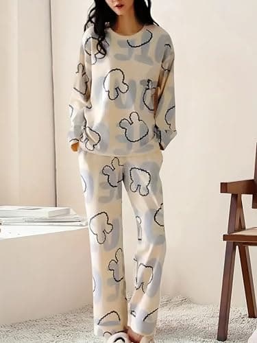 GLASGO Women’s Cotton Pajama Set with Top & Pants|| Korean Night Suit|| Lightweight Printed Set || Soft & Comfy Sleepwear for Girls & Women || LNS-3-NAVYBLUE-2XL 2