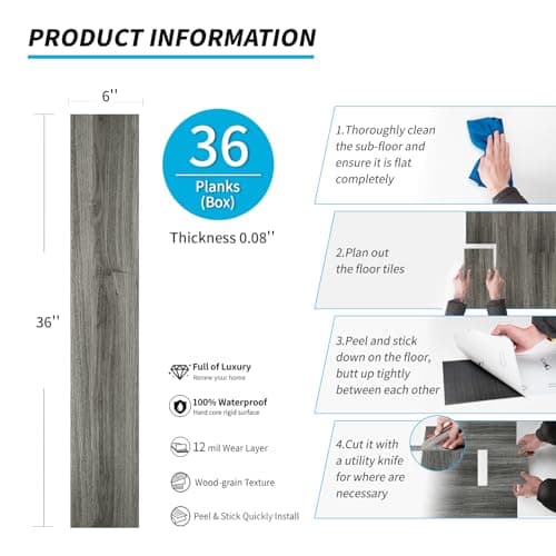 Art3d PVC Floor Covering, Self-Adhesive Floor Tiles, DIY Vinyl, Wooden Planks, Waterproof Floor Floor, Wood Look, Washed Rigid Surface, Hard Core, 36 Pieces, Dark Grey, 5 m² 5