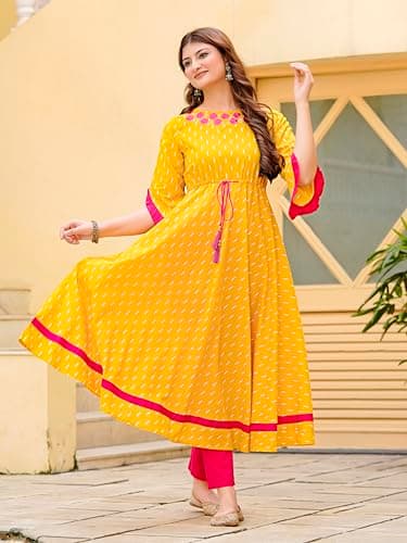 Yash Gallery Women’s Cotton Anarkali Kurta Dress | Mustard Yellow Ikat Print | Round Neck Floral Embroidery, 3/4 Ruffle Sleeves, Tie-Up Waist, Flared Maxi Length|Ethnic & Fusion Wear 2