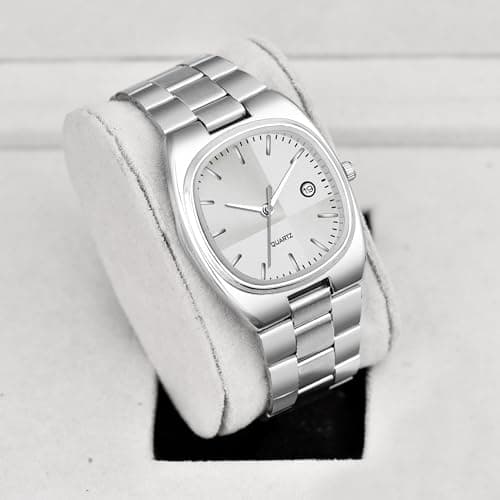Acnos Minimalist Silver Square Dial Analog Watch for Men – Slim Case Design with Day & Date Display, Stainless Steel Strap 4