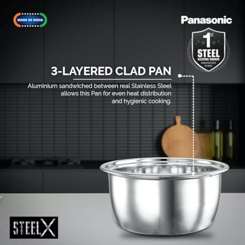 Panasonic SR-G18(SUS) I 660 Watts I Fully 304 Stainless Steel Automatic Electric Rice Cooker 1.8 Litres |3 Layer Stainless Steel Clad Pan, Lid and Plate I Cooks upto 1 Kg Raw Rice|With Keep Warm 5