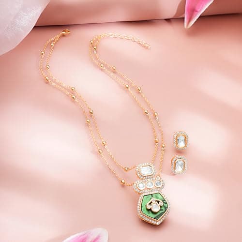 Rubans Gold Plated Cubic Zirconia Green Enamel Layered Pendant Necklace Set Festive Gift Jewellery for Women & Girls 3
