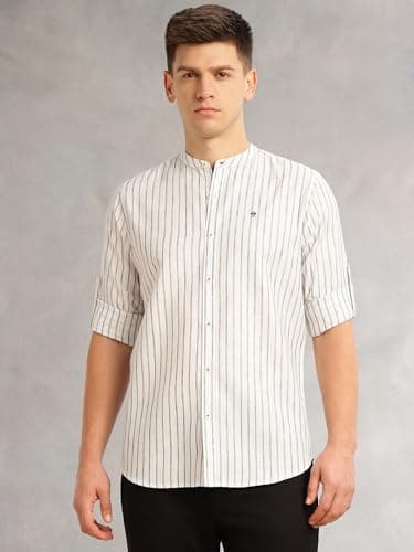 Thomas Scott Men's Slim Fit Cotton Linen Casual Shirt with Mandarin Collar | Vertical Stripes | Three-Quarter Roll-Up Sleeves (TS1381_Navy_S) 5