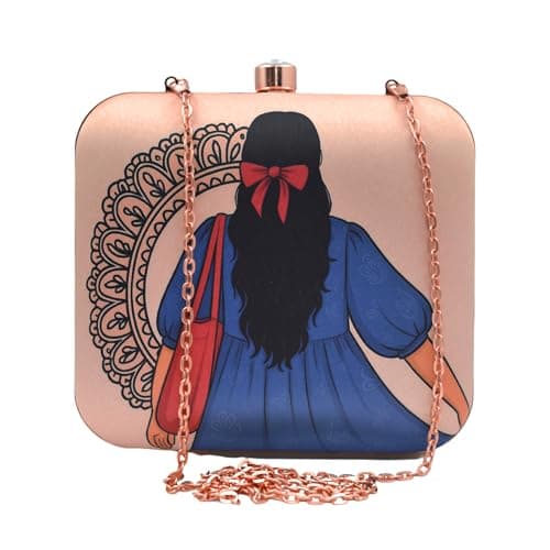 Artklim Beige, Blue Dress Girl Printed Designer Box Clutch - Designer Handbag - Detachable Golden Chain Strap - Crossbody Stylish Purse