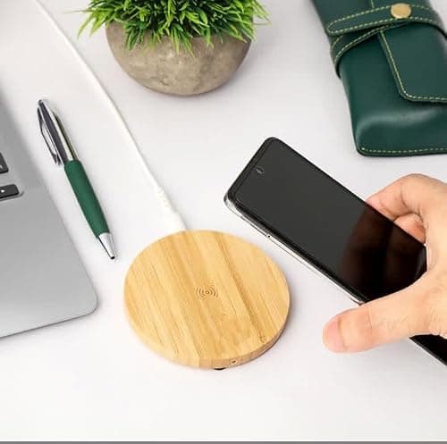 Wooden Wireless Charger Fast Charging Pad | Bamboo Finish Qi Charger for iPhone & Samsung | Slim & Portable Wireless Charging Pad for Home & Office 4