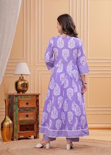 GEKHA Women Pure Cotton Printed Anarkali Kurta Set Purple, XL 2