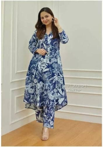 Cotton Co-ord Set for Women, 2 Piece Kurta Set, Kurta with Pant (in, Alpha, 2XL, Blue) 4