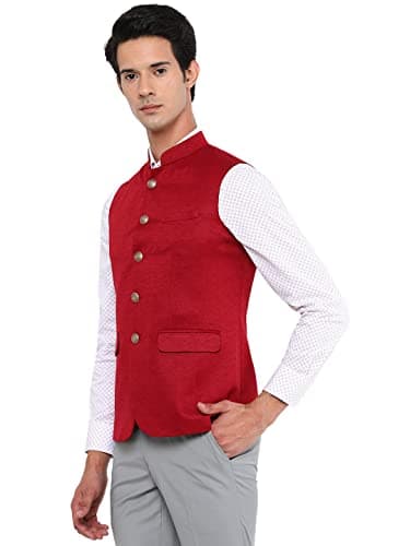 JB Men's Red Terry Wool Solid Regular Fit Waist Coat (Bandhgala Jacket) - ZI4Q_36 2