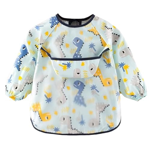 CoolShef Waterproof Baby Bibs for Boys & Girls 6-24 Months, Soft Cotton Feeding Bibs with Sleeves, Adjustable Newborn Bibs, Cute Cartoon Apron for Babies, Washable Toddler Bibs