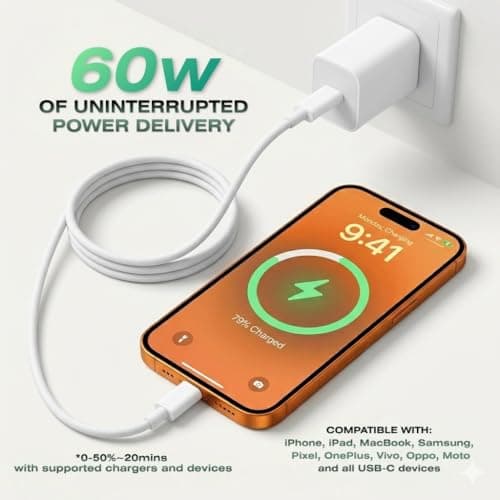 HYBRIXX Arch 60 Type C to Type C Cable [1M, White], 60W PD Fast Charging Finely Braided Slim Cord for iPhone 17/16/15, Samsung S26/S25/S24, iPad, MacBook, Google Pixel, Laptops & Tablets 5
