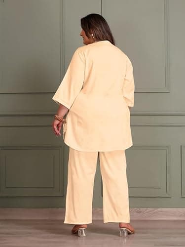 TITTLI Women Plus Size Cotton Silk Co-Ord Set | V-Neck Tunic & Trouser Set | Princess Cut Top with Pockets | Elastic Waist Trousers | 3XL to 8XL | Plus Size Casual Wear Outfit Cream 3