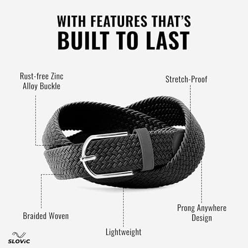 SLOVIC Stretchable Nylon Men Belts | Braided Design Belts for Men | Multi-Hole Adjustable Belt | Ideal for Jeans, Trousers & Chinos | Stylish Gift for Mens | Black 2