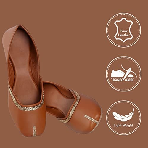 Pluxh Women’s Minimal Ethnic Jutti Flats | Soft Slip-On Mojari with Braided Trim | Lightweight Traditional Footwear for Daily & Casual Wear| 8 UK Tan 5