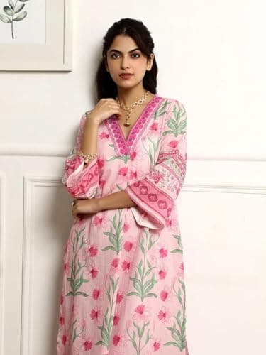 Amazon Brand - Anarva Women’s Pure Cotton Kurta with Palazzo Set | Floral Print Ethnic Wear | Comfortable Two Piece Outfit for Office Casual and Daily Use (Carmi-Pink-XL-re) 2