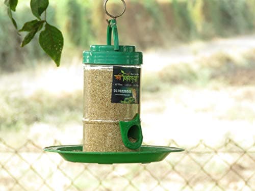 Amijivdaya Plastic Bird Feeder with Holding Handle with 2 Feed Nozzles - Heavy Duty Hanging Bird Food Feeder for Balcony, Outdoor, 500 Grams Capacity (Small, Green) 2