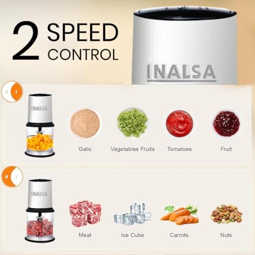 INALSA Electric Chopper for Kitchen With 450 Watts Pure Copper Motor 2 Speed Option| High-Performance Chopping|Twin Blade Technology|One Touch Operation,Long Power Cord-Bullet Inox 2