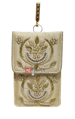 Exclusive Mobile Pouch Zardozi Hand Embroidery With Waist Clip Hook & Sling Chain (removable) | Ladies Women’s Handbag Wallet Sling Purse | Party Wedding Festival Giveaways Gift | (Gold)