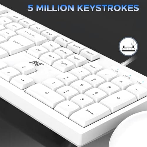 Ant MASTER10 Full Size Wired Combo Keyboard and Mouse Set, 104 Keys, 6 Anti-Ghosting, Membrane Switch, 3D Optical Mouse, 1200 DPI, USB Plug & Play, for Windows, Mac, Linux – White 6