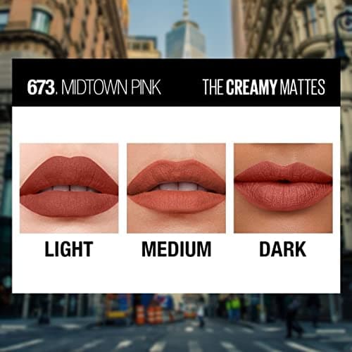 Maybelline New York Color Sensational Creamy Matte Lipstick lasts up to 12 Hours, Hydrate Lips, Creamy Lipstick with Shea Butter, Available in 42 different Shades - 673 Midtown Pink, 3.9g 4