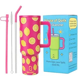 House of Quirk 1200ML Stainless Steel Tumbler with Handle & Lid, 2 Straws – Large Travel Mug Water Cup for Gym, Office & Outdoor Use (Pink Lemon)