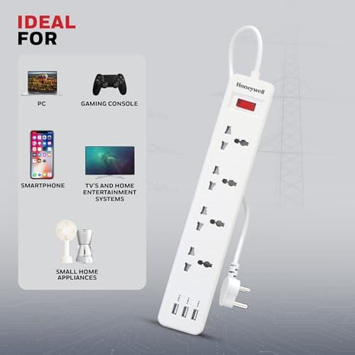Honeywell 4 Outlet Extension Board with Master Switch, 6 Amps, 250V, 3xUSB, 4 International Sockets, Pure Copper, 6 Advanced Safety Features, 2 Mtr Power Cord, BIS Certified, 1 yr Warranty 5