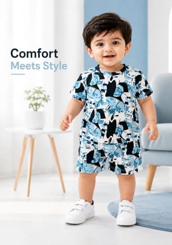 RIZZQ Kids Dress for Boys | Round Printed Neck Half Sleeve T-shirt and Pant Clothing Set for Baby Boys (Abstract blue, 3-4 Year) 3