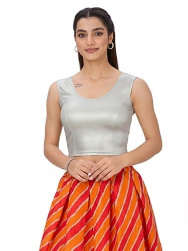 Plus Size Round Neck Stretchable Shimmer Blouse | Women Silver Blouse Sleeveless