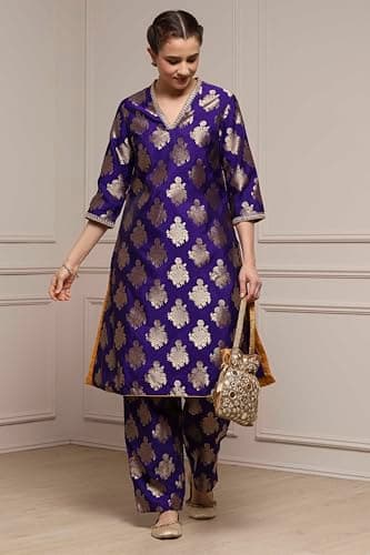 Biba Women Purple Art Silk Straight Kurta Set_42 2