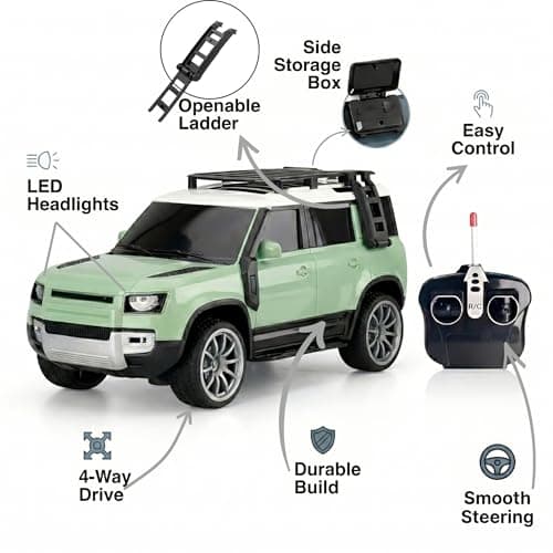 Zoddler Remote Control Defender Car for Kids with LED Headlights, 4-Way Drive, Openable Ladder & Storage Box | Durable RC SUV Toy with Easy Control Best Birthday Gift for Kids (Green) 2
