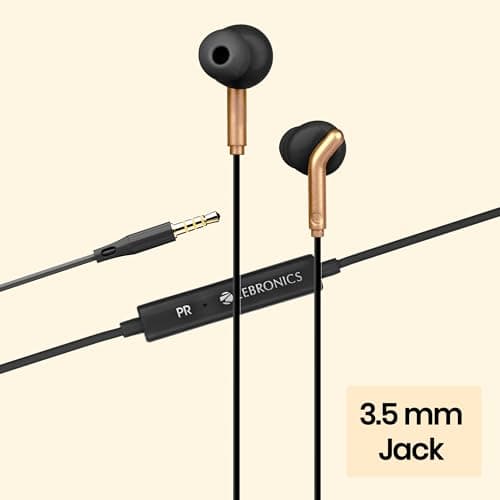ZEBRONICS Bro 3.5Mm Wired in Ear Earphones, in-Line Mic, Deep Bass, 1.2M Strong and Long Lasting Cable, Light Weight, Compatible with Mobile | Tablet | Laptop (Black + Gold) 2