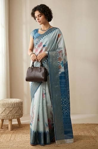 Janasya Women's Blue Silk Blend Ready To Wear Floral Printed Saree With Unstitched Blouse 2