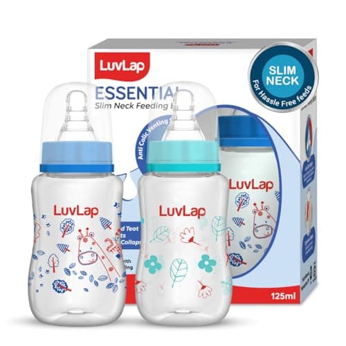 LuvLap Baby Essential Slim Neck Plastic Feeding Bottle, 125Ml, Flower & Jungle, with anti Colic Nipple, New Born / Infants / Toddler upto 3 years, BPA Free, Pack of 2, Blue Green