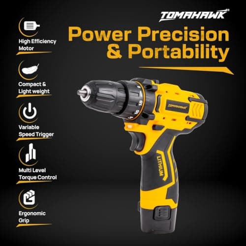 TOMAHAWK® DMS-7000 12V Cordless Drill Driver | 1350 RPM High-Speed Motor | 10mm Keyless Chuck | Adjustable Torque & Forward/Reverse | 1.5Ah Battery for Wood & Metal Drilling 3
