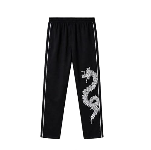 Men's Black Dragon Print Jogger Pants, Polyester, Loose Fit Streetwear with Elastic Waistband and Contrast Side Piping (in, Alpha, 2XL, Regular)