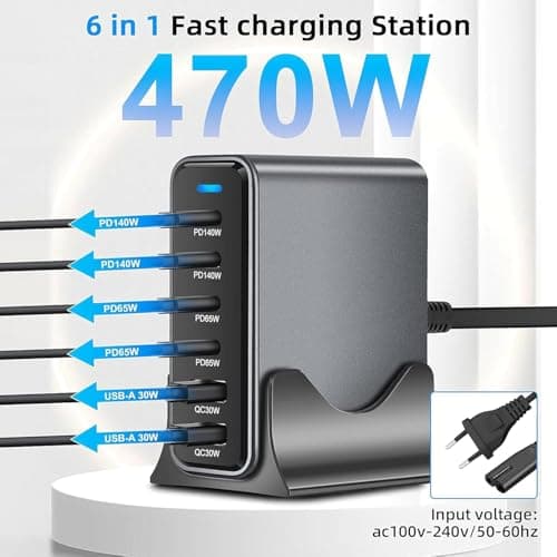MX 470W USB C Charger Block GaN III USB Desktop Charging Station 6 Port GaN Desktop Charger, USB C Charging Station 140W Type C Laptop Charger Adapter Compatible with MacBook, Tablet & Mobile Phones 2
