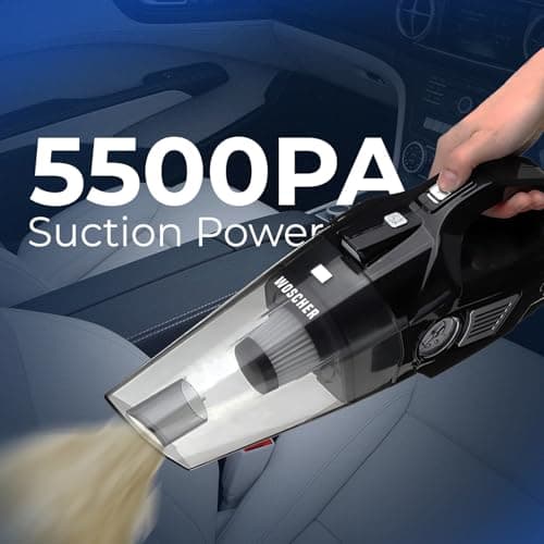 WOSCHER AirVac Pro+ 3in1 USB Rechargeable Car Vacuum Cleaner Cordless,Tyre Inflator,150 PSI Digital Air Pump for Car Tyre|120 Watt Car Vacuum Cleaner High Power 6000PA |LED Light| Auto Shut Off 5