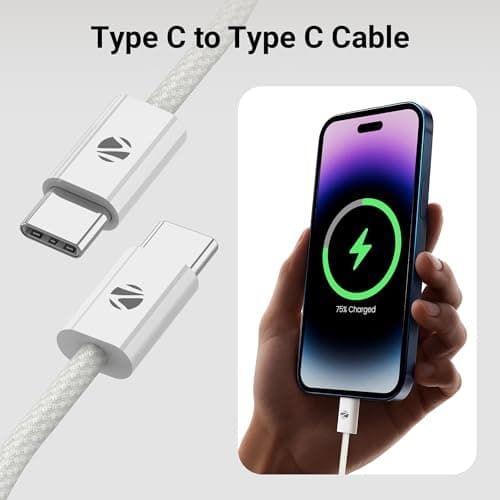 Zebronics Wattz 240CC1 Type-C to Type-C Braided Cable, PD 240W, 2 Meter, Durable, Charge & Sync, Rapid Charging, For Laptops, Tablets, Mobiles (White) 2