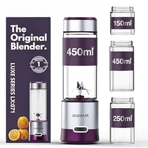 OWNAIR Blender For Smoothies And Juices | 180W 5000mAh Rechargeable Mixer | 450ml High Borosilicate Glass Jar Purple/Grey | Blend Fresh Smoothies Anywhere, Anytime