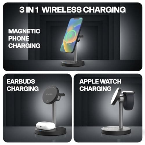 Mozen by Amkette Air 800, 23W Qi2 Certified 3 in 1 Magsafe Charger/Wireless Charger for iPhone 8 & above, wireless charging smartphones, Apple Watch, AirPods/Galaxy Buds, 45° Tilt, Type-C Cable, Black 2