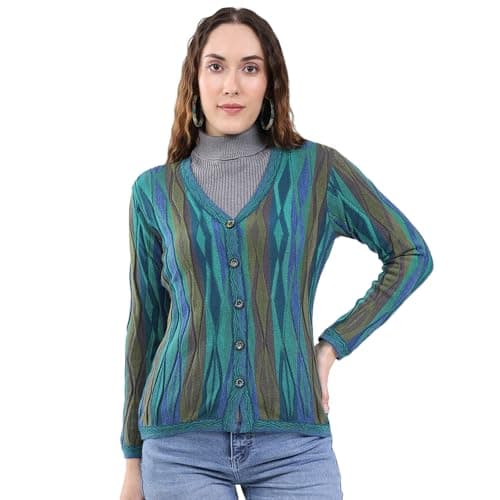 Monte Carlo Women's Regular Fit Cardigan | Printed Pattern | Button Closure with Full Sleeve V Neck | Printed Winterwear Cardigan for Women Green M (Pack of 1)