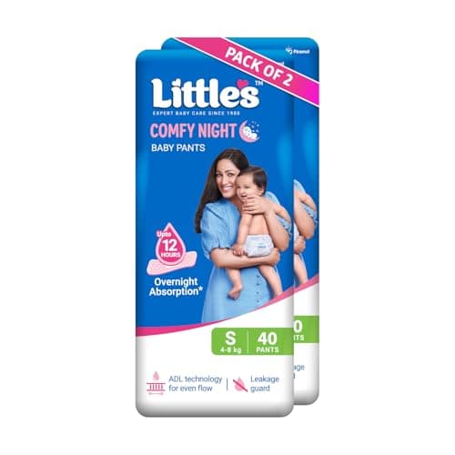 Little's Baby Diapers S Size (Small) Pants Style | 4-8 kg | 80 Count | Comfy Nights Baby Diaper Pants with Leakage Guard & Upto 12 Hours Absorption (40 Count, Pack of 2)
