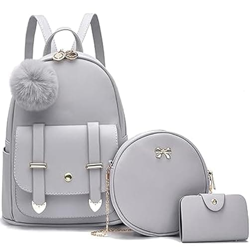 floki Fashion Girls 3-PCS Fashion Cute Mini Leather Backpack sling & pouch set for Women/gift for girl (grey)